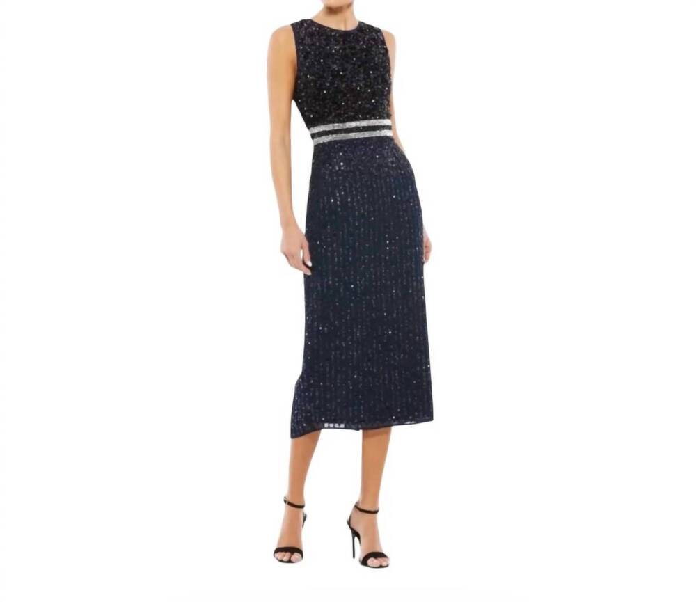 NEW MAC DUGGAL women's sequin beaded waist midi sheath dress in navy